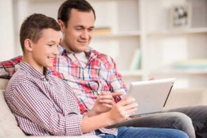 father and son discussing October is ADHD Awareness Month