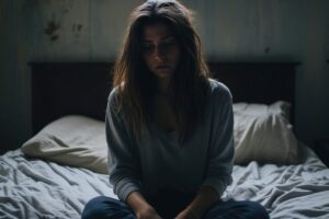 Woman sitting in bed after waking up from post acute withdrawal syndrome