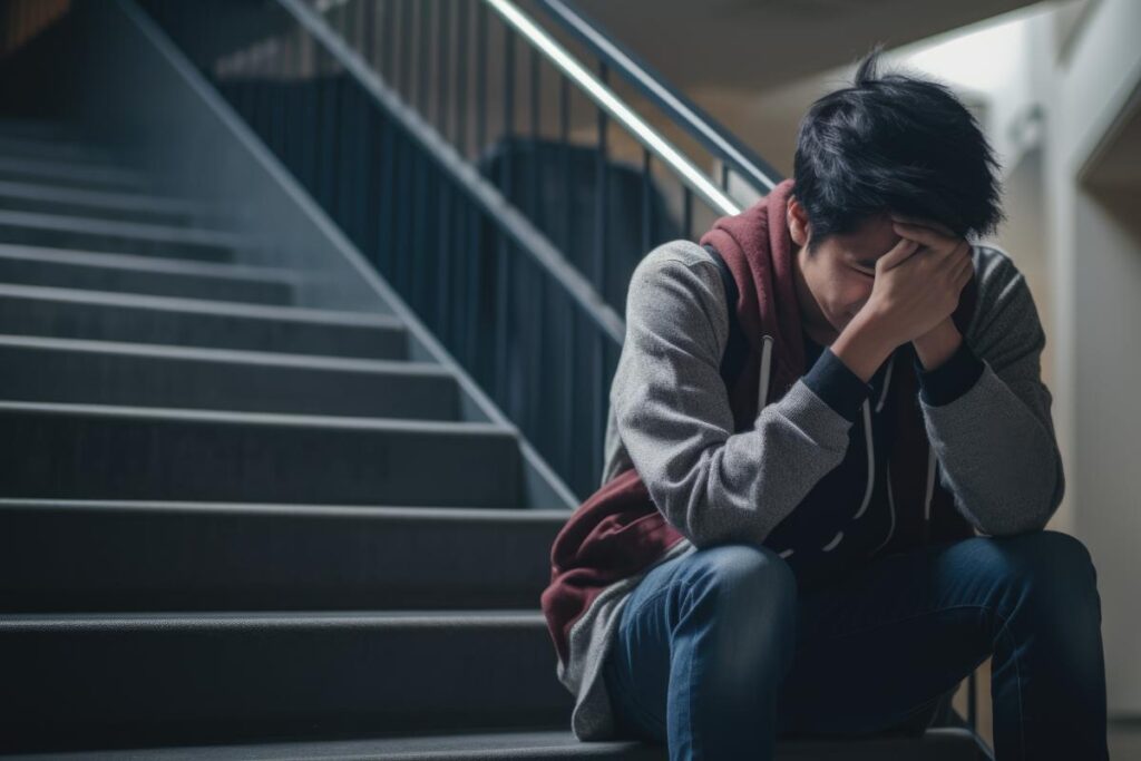 Person sits on stairs in agony as they struggle with adderall abuse and other study drugs