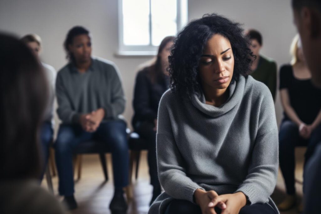 Woman sits in group therapy and listens to stories about the long term effects of heroin