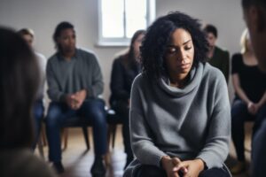 Woman sits in group therapy and listens to stories about the long term effects of heroin