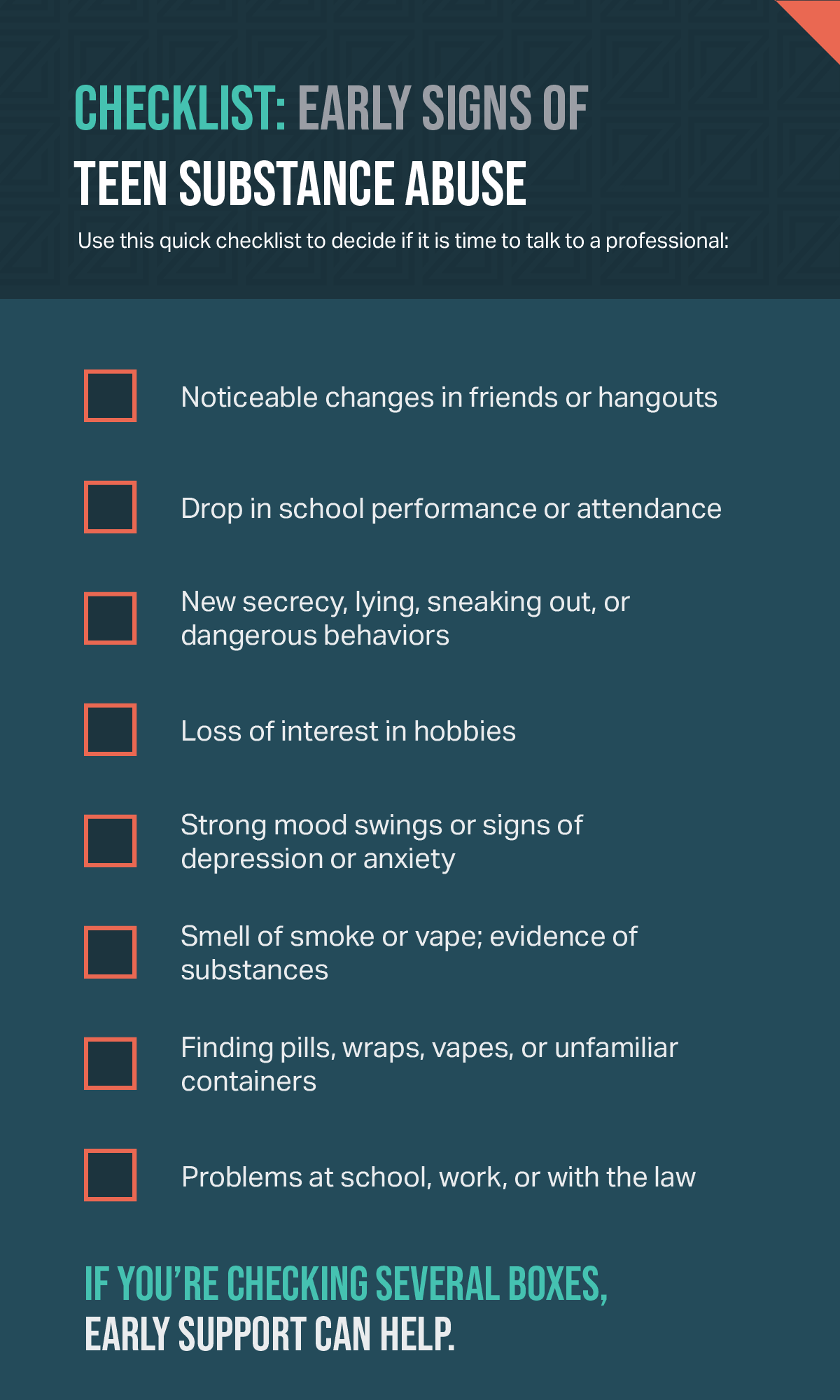 Infographic checklist showing early signs of teen substance abuse, including changes in friends, drop in school performance, secrecy, loss of interest, mood swings, smell of substances, finding drug paraphernalia, and problems at school or with the law