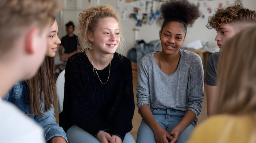 Group of teenagers sitting in a circle, smiling and talking together in a casual indoor setting.