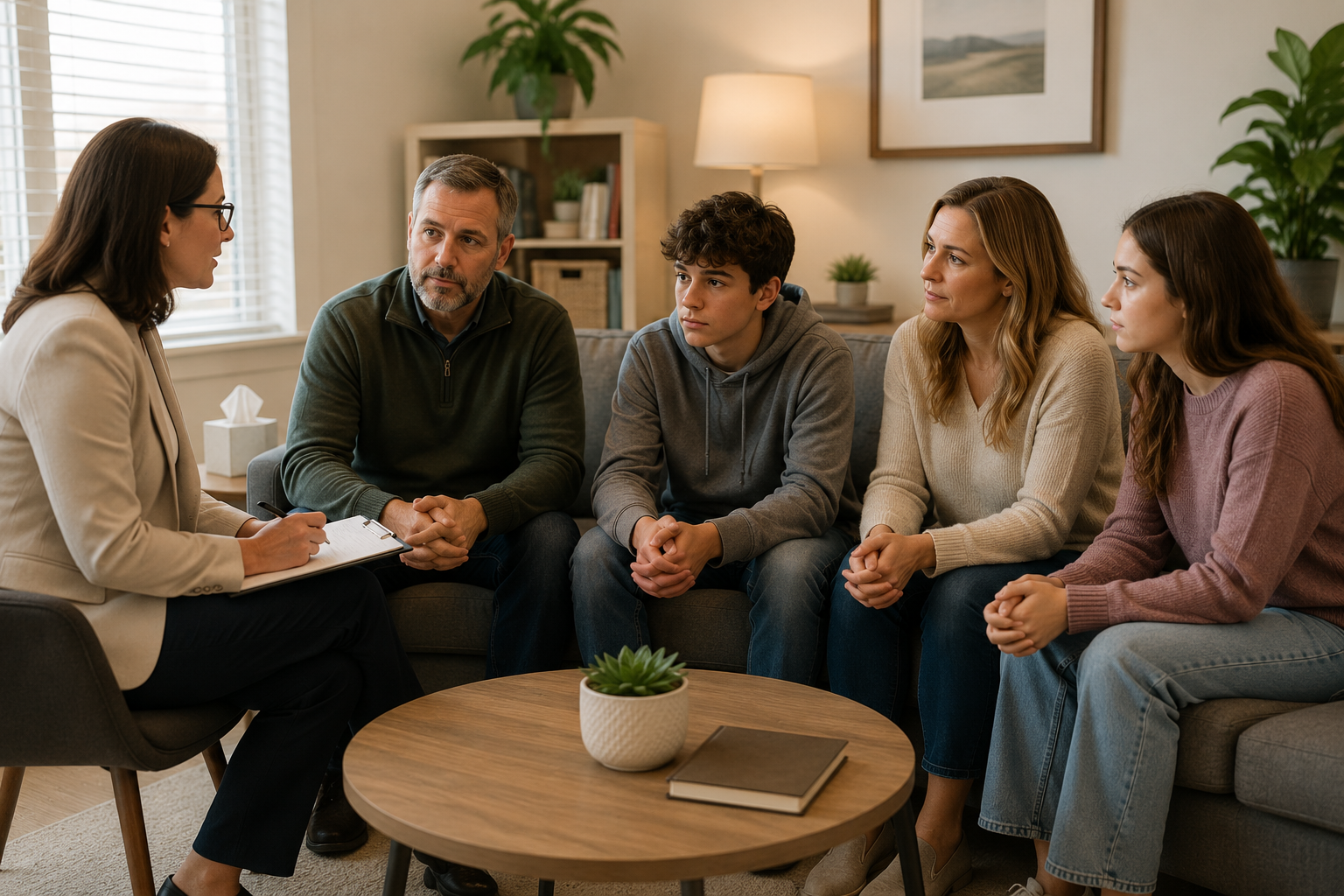 Parents and teens participating in a family therapy session focused on addiction recovery.