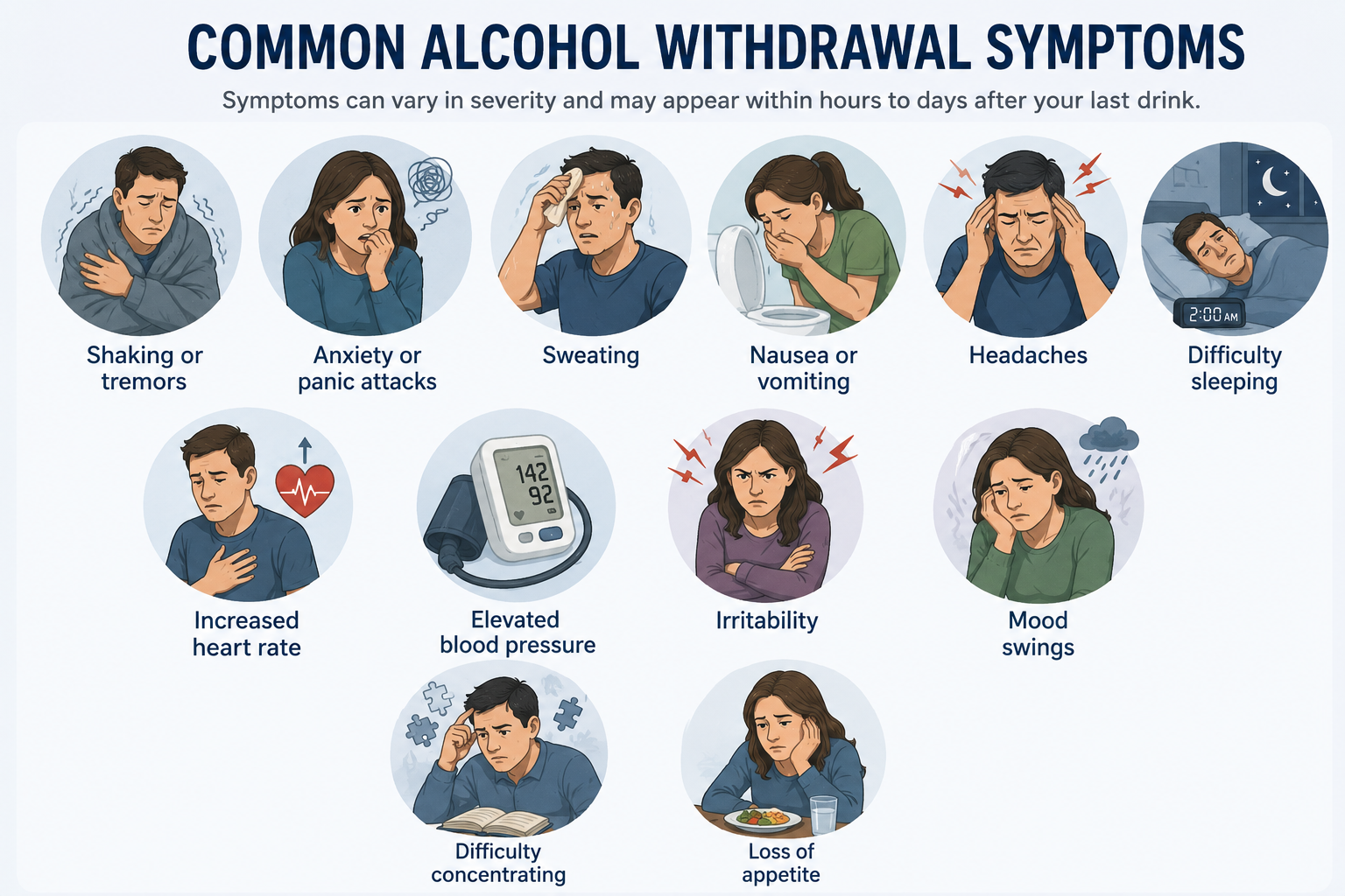 Illustration of common alcohol withdrawal symptoms experienced during alcohol detox.