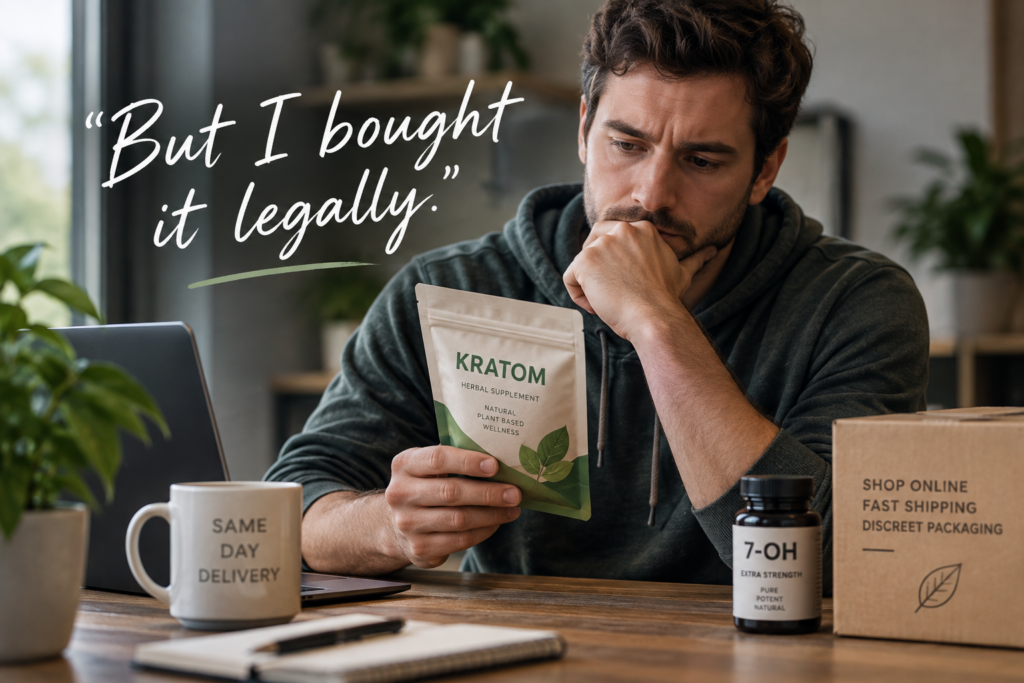 Man reading a kratom package with a 7-OH product nearby