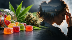 THC gummies and cannabis beside a woman experiencing anxiety, illustrating potential THC gummies side effects.