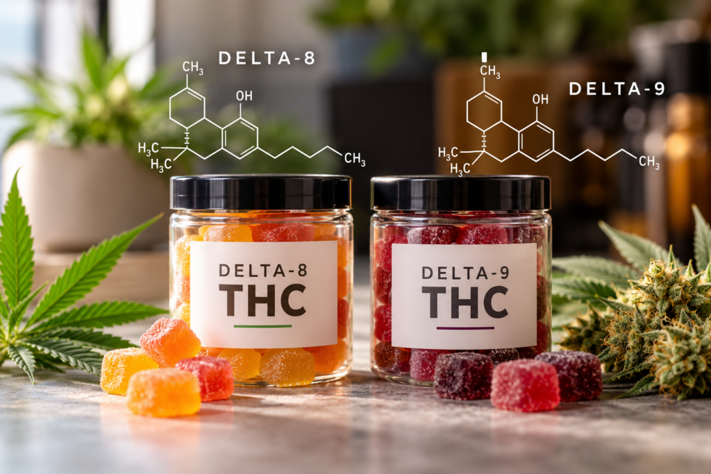 Delta-8 vs. Delta-9 THC gummies in labeled jars showing the differences between cannabis edibles and potential THC gummies risks.