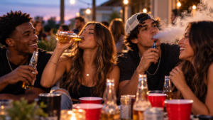 Young adults drinking alcohol and vaping at a social gathering, illustrating signs of teen substance abuse and substance use concerns